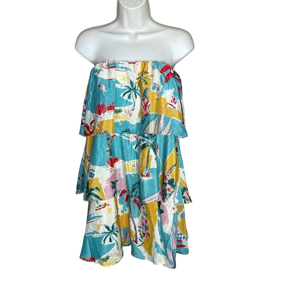 True Destination Tropical Tiered Ruffle Strapless Mini Dress L NWOT